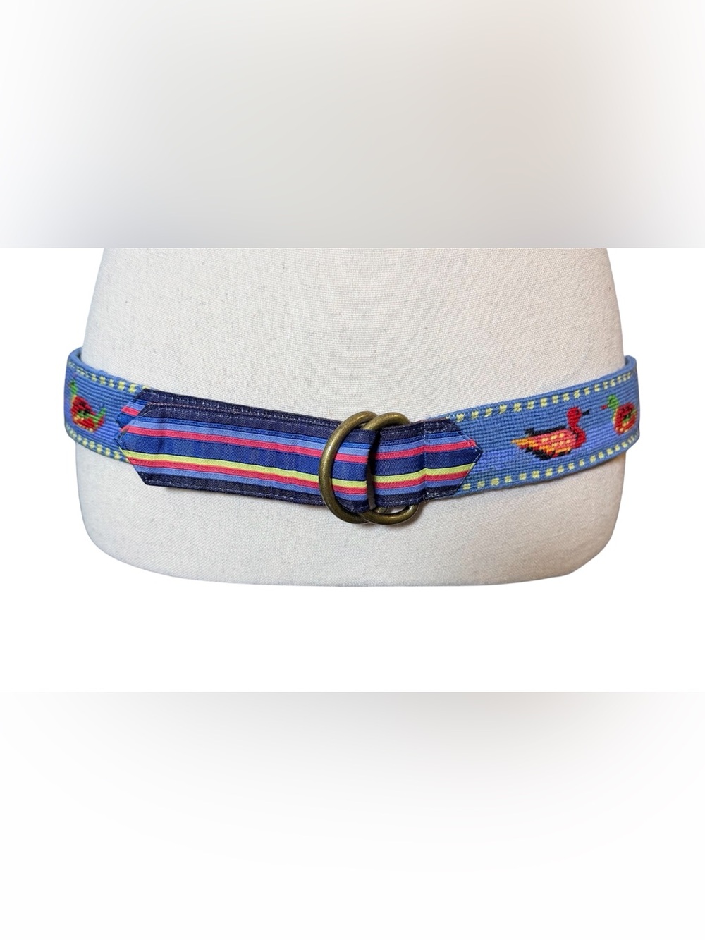 Vintage L.L. Bean Mallard Duck Needlepoint D-Ring Belt - Size XS/S